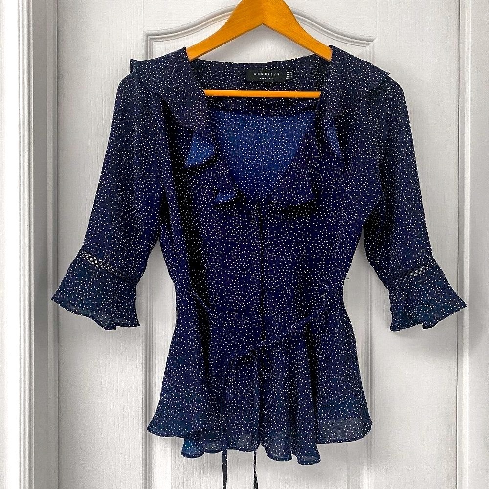 Angeleye London Navy Polka Dot Ruffle Blouse Size 6 Coquette Romantic Top